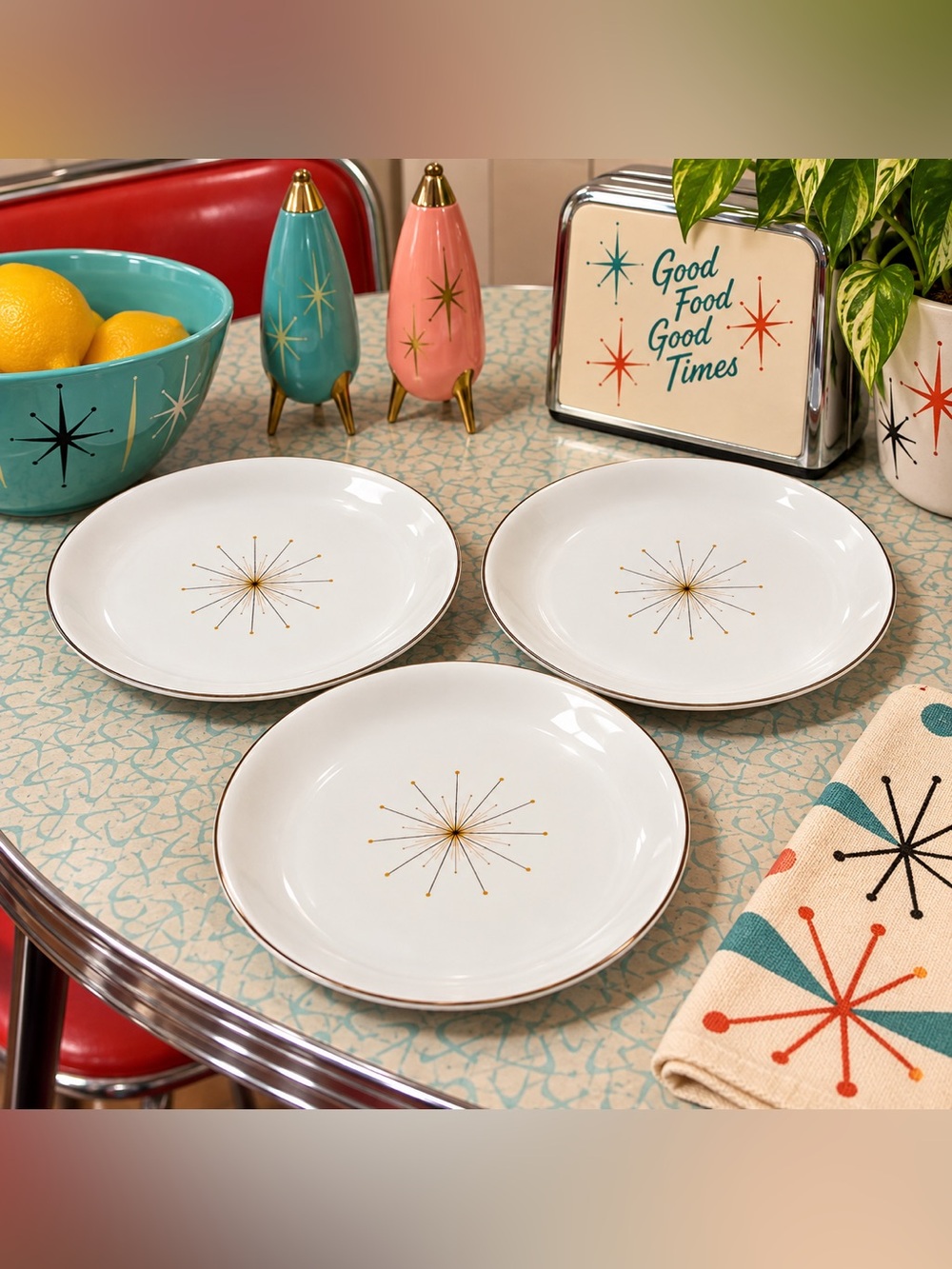 VTG Homer Laughlin Atomic MODERN STAR Salad Dessert Plate 6.75” Set of 3 MCM